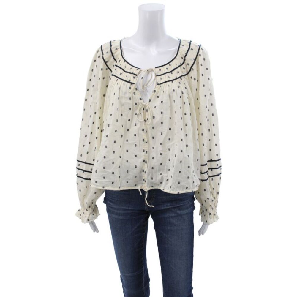 Ulla Johnson Womens Bohemian Polka Dot Blouse Long Sleeve Drawstring Size 4